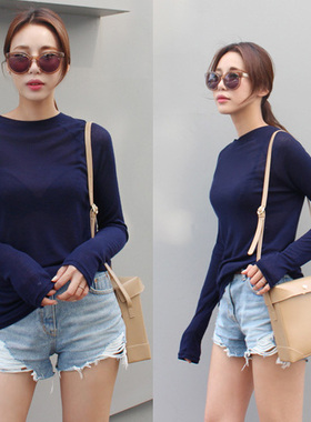 当天发 MISS WU 春夏淡蓝色微透超舒适长袖T恤TT388囡