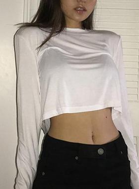 短款长袖橘色爵士舞蹈上衣轻薄款女漏肚脐训练室跳舞糖果橙色T恤