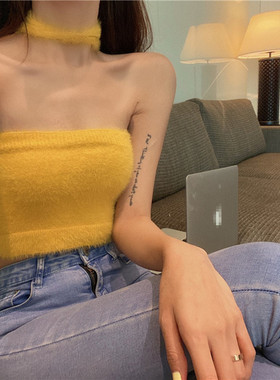 泫雅风牛油果绿紫罗兰黄色马海毛毛多穿挂脖抹胸裹胸吊带背心上衣