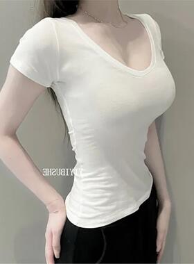 当天发自制PL030自留真喜欢 纯欲白色V领显身材短袖T恤女