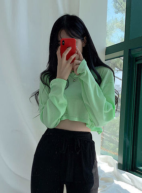 MISS WU超短款露脐t恤女长袖蓝色上衣宽松韩版秋冬爵士舞高腰打底