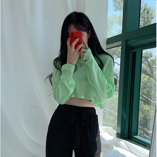 MISS WU超短款露脐t恤女长袖蓝色上衣宽松韩版秋冬爵士舞高腰打底