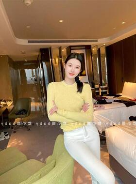 韩国纯欲风简约基础款修身圆领长袖套头黄色显白针织衫打底衫上衣