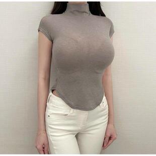 现货~MISS WU高领收腰开叉紧身T短袖体恤新款弧形腰线上衣
