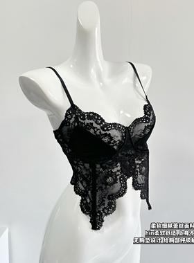 MISS WU黑色蕾丝吊带背心女辣妹纯欲风性感打底短款内搭上衣
