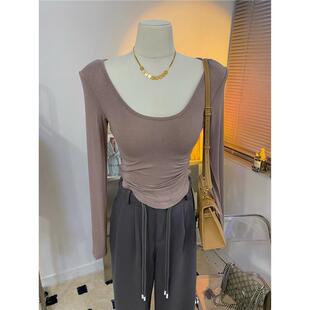 性感的毫不费力~薄款微透大圆领长袖T恤女紧身显胸大打底衫上衣秋