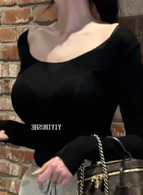 当天发 MISS WU LC296黑色显身材~性感女人味U领亲肤长袖T恤