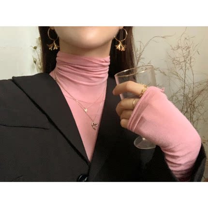 秋冬季内搭堆堆领修身紧身弹力甜美蜜桃粉色长袖T恤衫打底上衣女