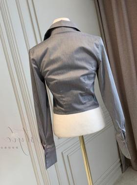 MISS WU 御姐风 通勤灰色衬衫春秋女 修身单排扣上衣