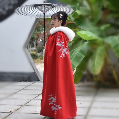 毛呢斗篷外套女长款红色汉服