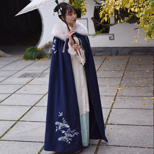 毛呢斗篷外套女长款红色披肩风汉服加绒厚保暖大衣毛领帽秋冬新娘