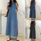 2025新款 套头波西米亚牛仔气质连衣裙 宽松口袋长款 时尚 圆领无袖