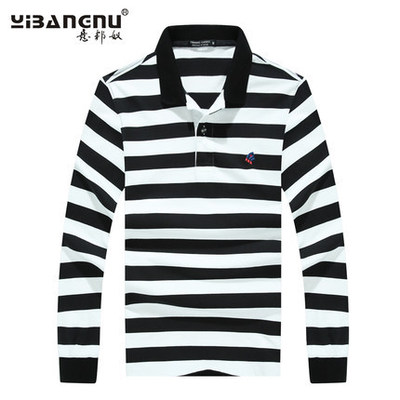 翻领黑白条纹打底衫成熟长袖T恤