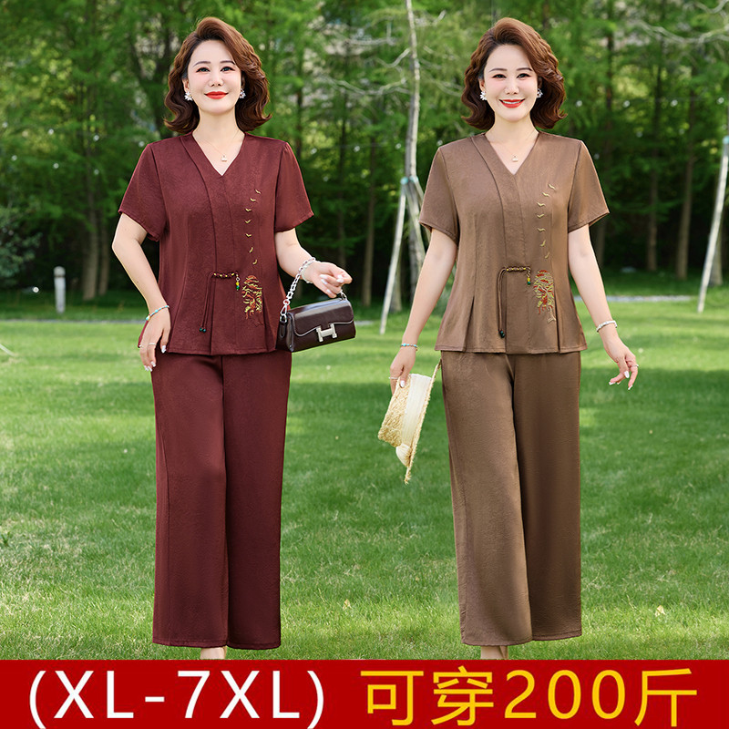 新中式妈妈夏装V领短袖刺绣两件套中老年人女装气质减龄大码套装