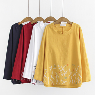 新款 打底衫 中老年加大码 T恤胖妈妈装 女 宽松全棉刺绣长袖 2019秋季