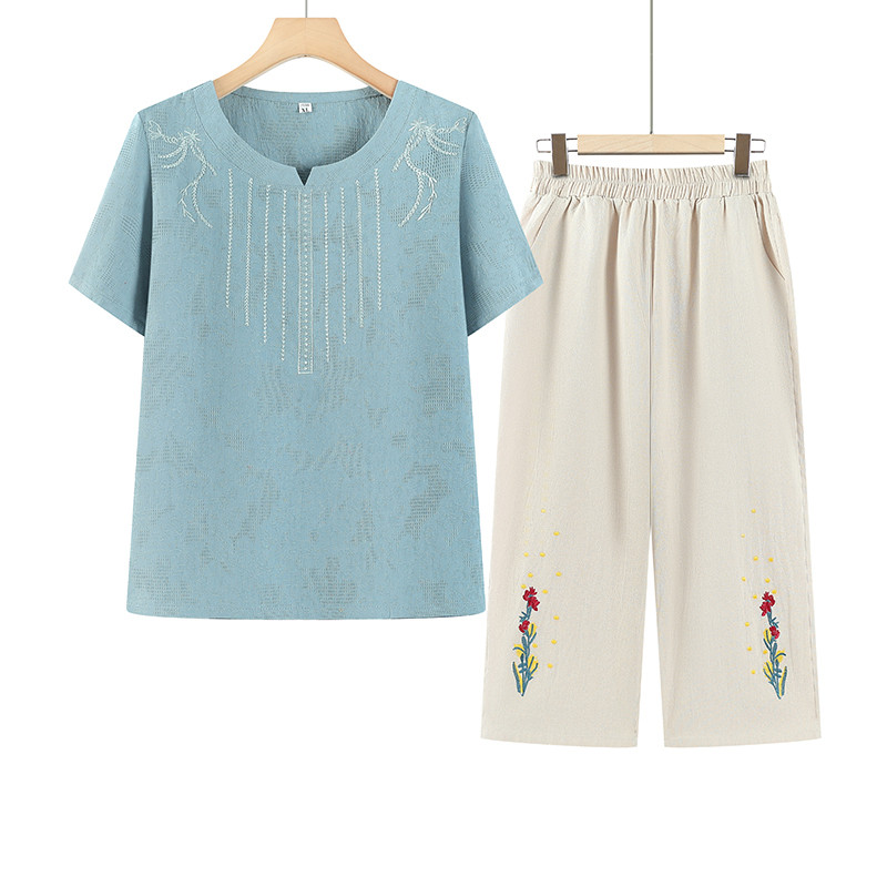 妈妈夏装新款全棉套装短袖刺绣两件套中老年人女装洋气奶奶上衣服