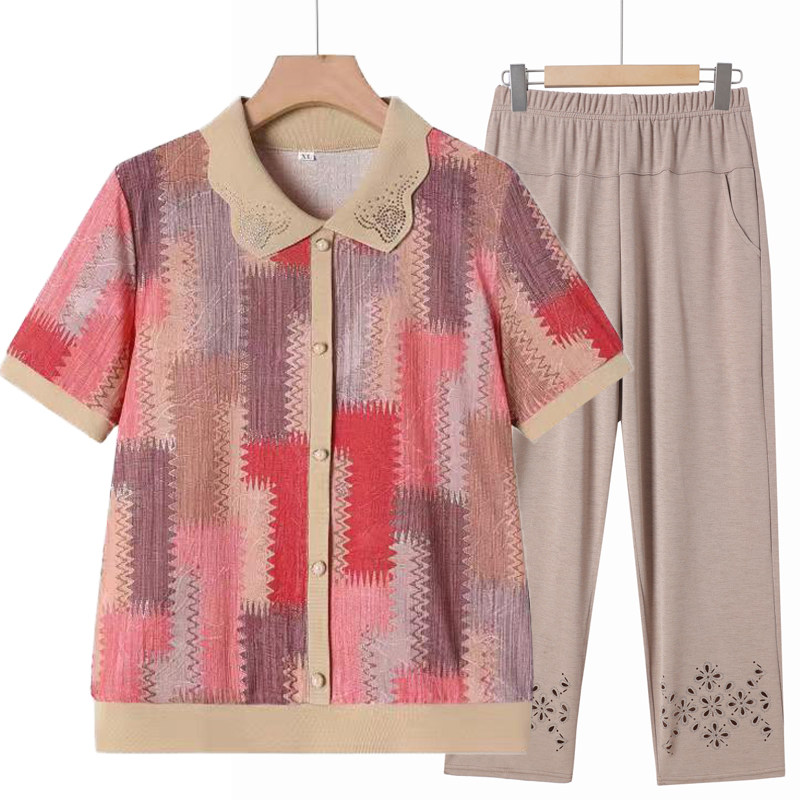 妈妈装夏装短袖T恤套装中老年人衣服女老太太弹力冰丝小衫奶奶装