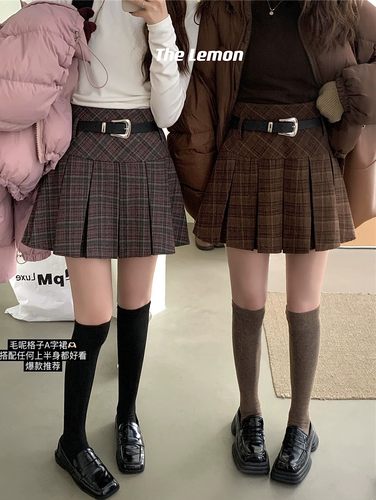 设计感高腰显瘦毛呢秋冬半身裙女新款短裙学院风休闲时尚a字裙子