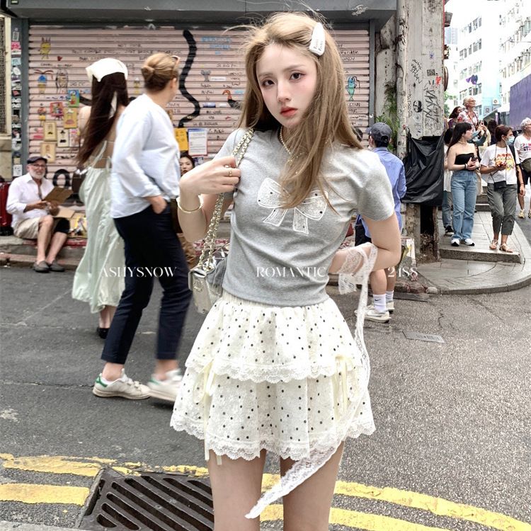 蝴蝶结圆领正肩短款T恤上衣夏季波点蕾丝边蛋糕裙半身裙女两件套
