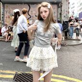 蝴蝶结圆领正肩短款 波点蕾丝边蛋糕裙半身裙女两件套 T恤上衣夏季