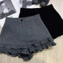 甜美高腰显瘦休闲百搭裤 韩版 新款 春季 裙 设计感毛呢木耳花边短裤