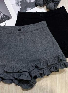 韩版设计感毛呢木耳花边短裤春季新款甜美高腰显瘦休闲百搭裤裙