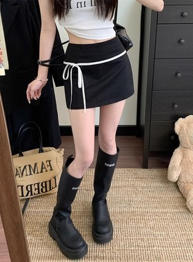 韩版辣妹撞色系带蝴蝶结半身裙女夏季小众复古气质显瘦百搭包臀裙