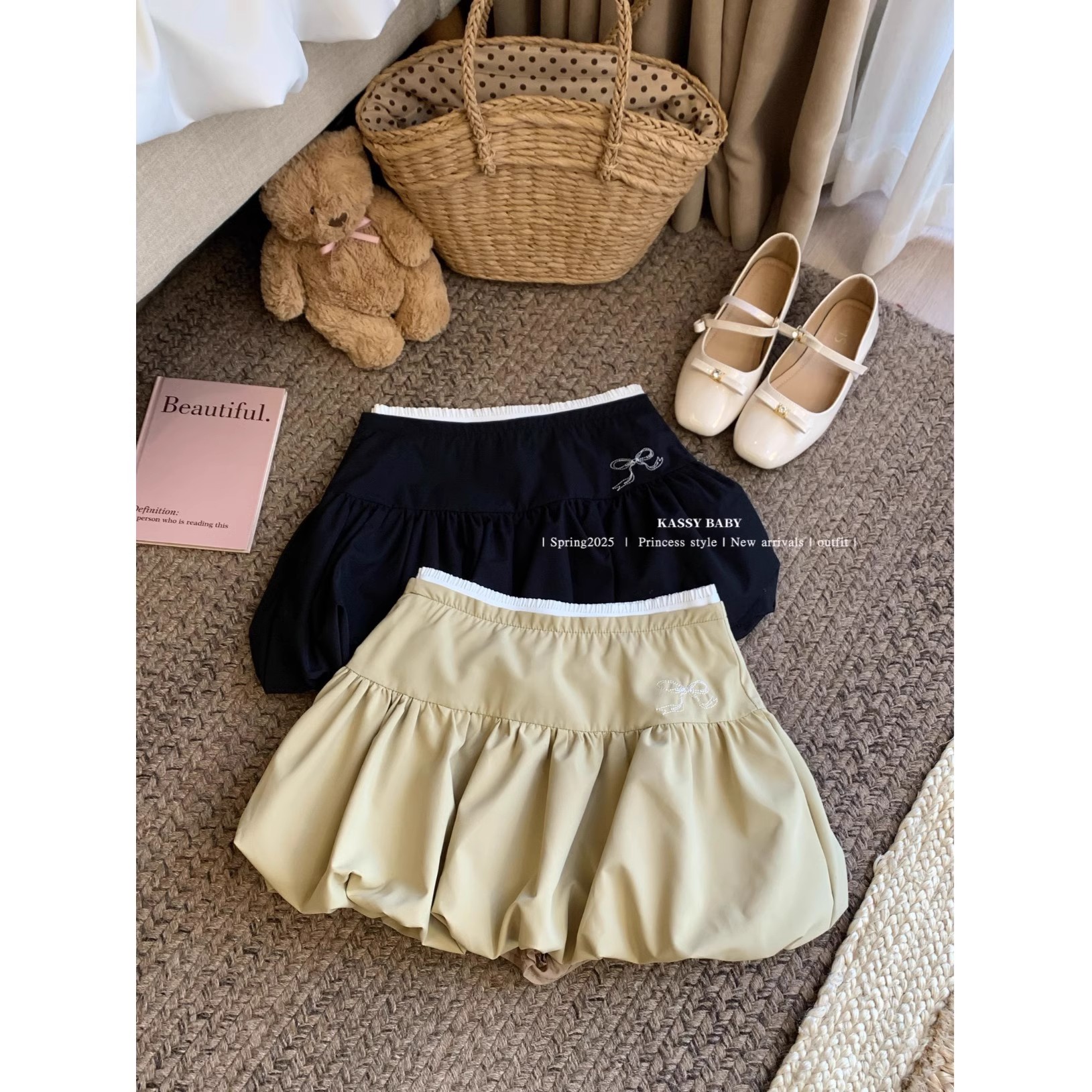 复古撞色蝴蝶结蓬蓬裙高腰显瘦短裙女夏季减龄百搭灰色辣妹半身裙