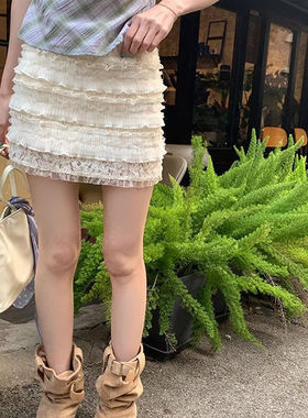 白色甜美风蕾丝蛋糕半身裙女夏季高腰显瘦辣妹防走光a字包臀短裙