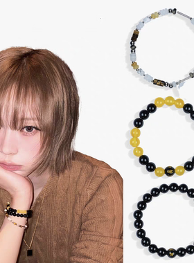 金旼炡同款手链金玟庭aespa Winter黑曜天然石玛瑙拼色手串金冬天