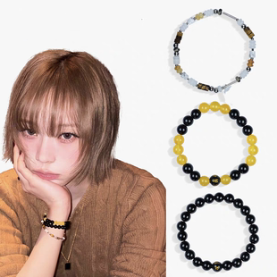 金旼炡同款 Winter黑曜天然石玛瑙拼色手串金冬天 手链金玟庭aespa