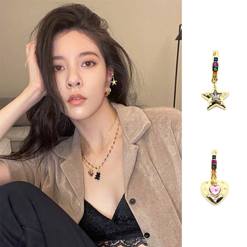 CC宋妍霏同款彩色钻圈星星爱心耳环坠皓石黄铜不对称复古潮流项链