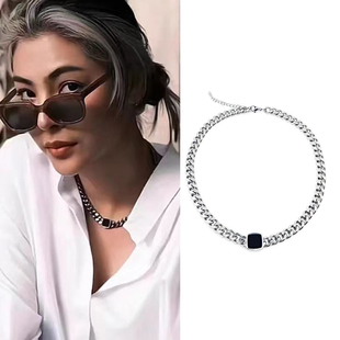 faye yoko同款黑色方块项链圈欧美钛钢百搭潮酷不掉色 爱填满空白