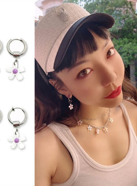 吴莫愁同款不对称黄紫色心蕊贝壳花耳环耳夹坠扣圈时尚潮流个性品