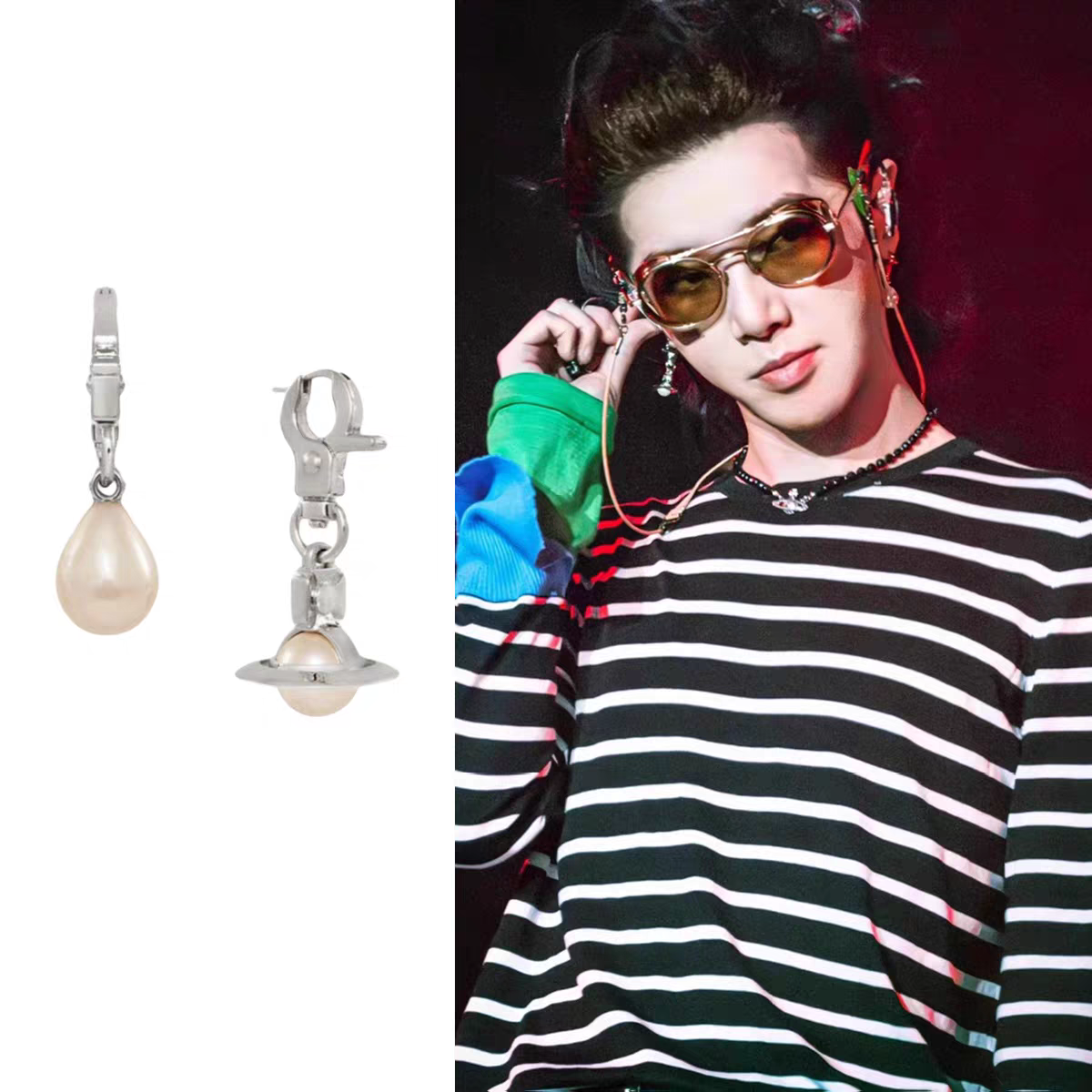 华晨宇2025泡泡岛音乐节同款圆钓扣不对称珍珠星球耳环钉坠高级感