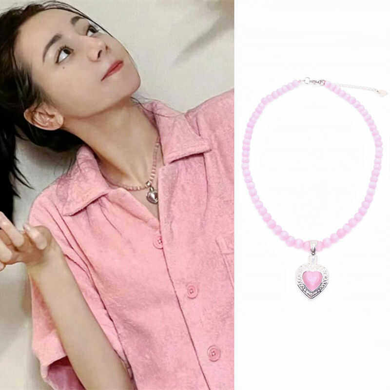 迪丽热巴轻奢粉猫眼石酷项链小众女项链圈高级感2024新款爱心项链