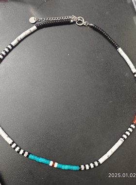 AC新品黑色天然石橙红玛瑙蓝白色松石串珠项链圈锁骨链气质百搭