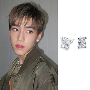 BKPP林祎凯嵩山音乐会同款长方形锆石耳钉环百搭时尚潮酷男女饰品