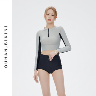 2026年新款 分体小胸聚拢高腰遮肚显瘦保守温泉游泳衣女 ins风长袖