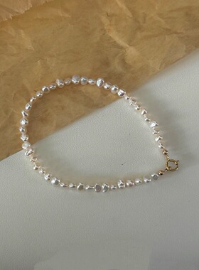 稀有强光天然巴洛克极细小珍珠不规则极细珍珠14k包金手链叠戴