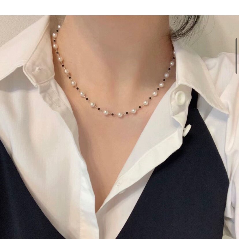 乐奕饰品14k包金施家珍珠拼接黑尖晶锁骨项链叠戴小众复古轻奢ins