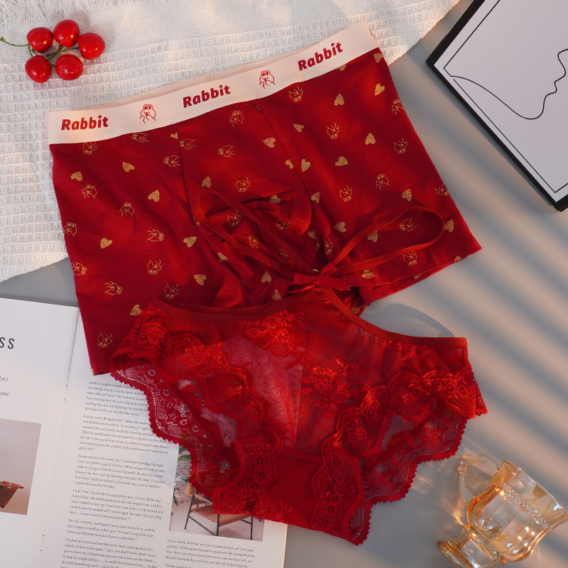 小江家~情侣内裤红色结婚本命年一男一女夫妻性感蕾丝内衣套装