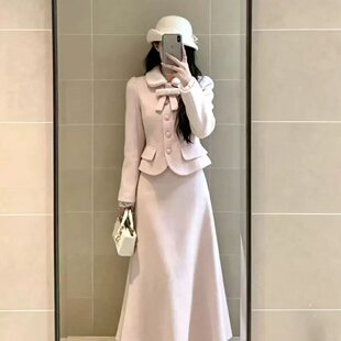 韩系甜美千金风蝴蝶结上衣套装女冬季洋气减龄翻领外套气质半身裙