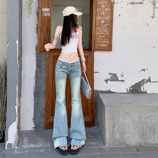 2025年新款蕾丝拼接牛仔长裤女韩版低腰宽松阔腿喇叭裤马蹄拖地裤