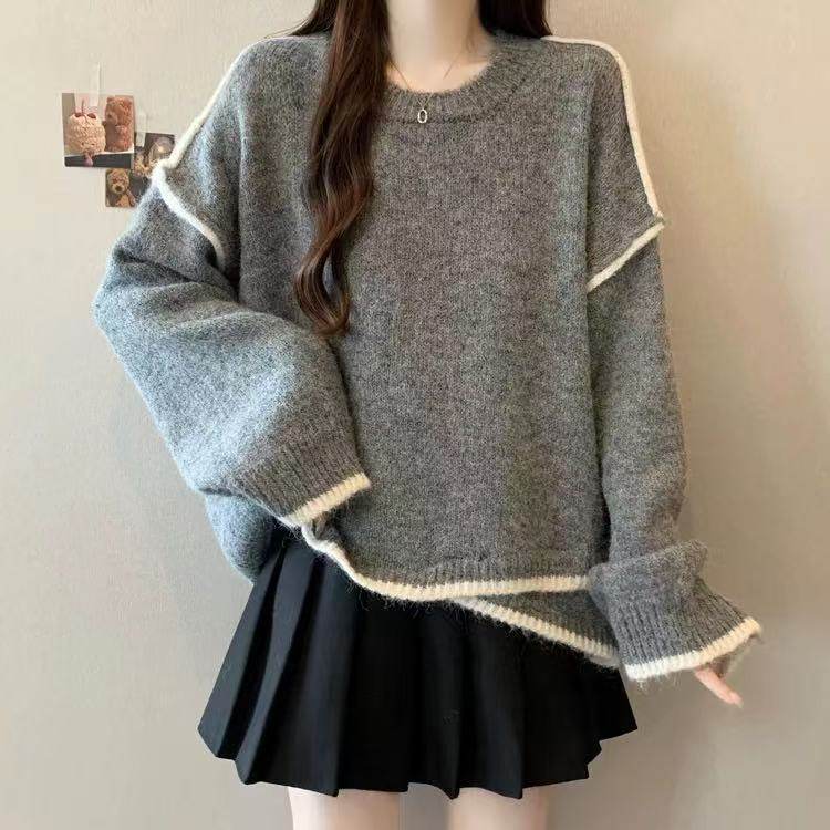 宽松慵懒风撞色灰色长袖毛衣大码女装秋冬2025新款遮肉针织衫上衣,女装/女士精品,大码内搭,淘宝优惠券,粉丝福利购,淘宝优惠卷
