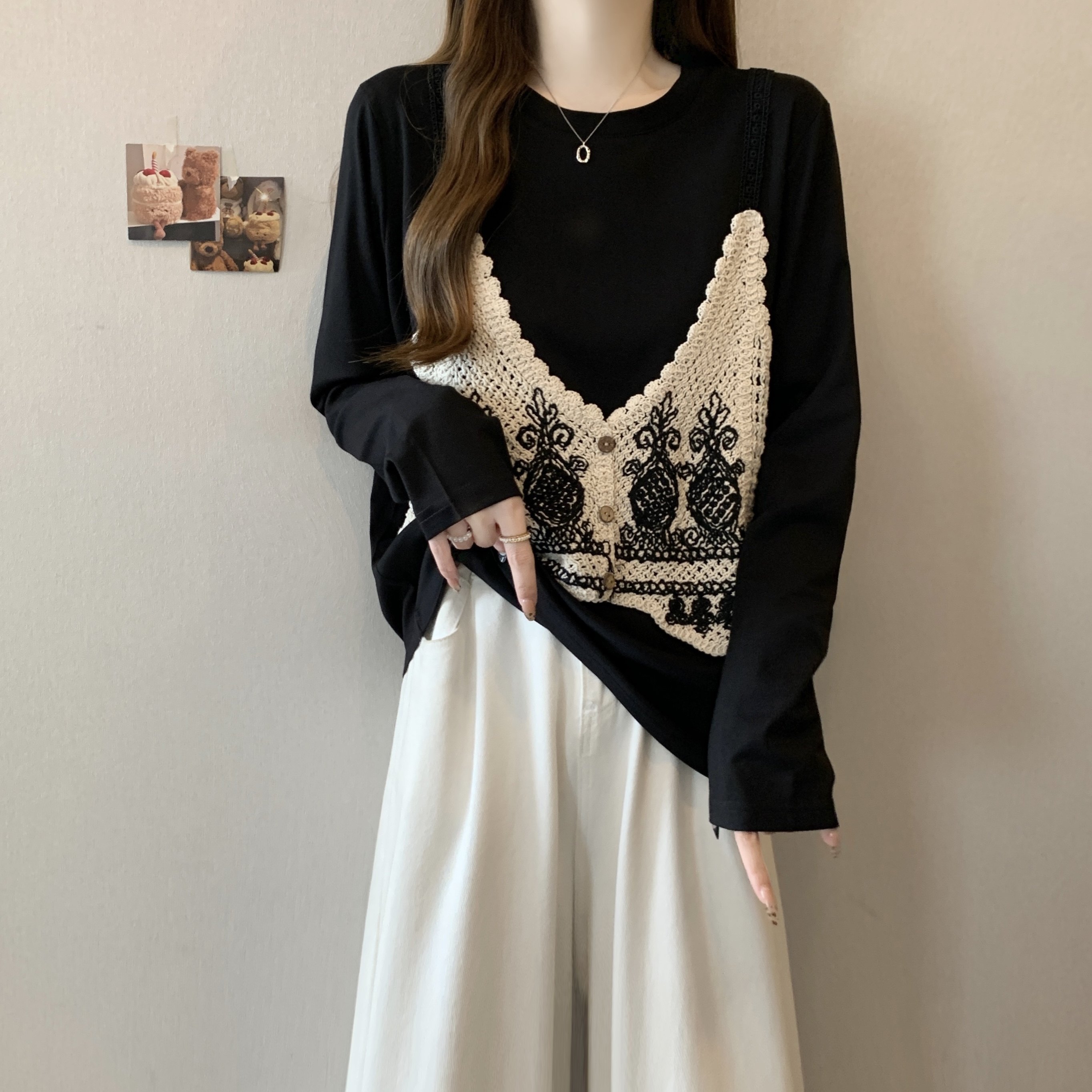实拍胖妹妹2024秋新款假两件套森系文艺长袖针织勾花拼接百搭上衣,女装/女士精品,大码内搭,淘宝优惠券,粉丝福利购,淘宝优惠卷