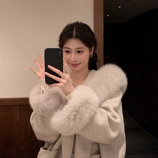 安梦忆皮草 沪上千金狐狸毛领连帽羊毛大衣外套女款2025新款冬