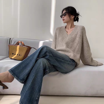 JWUNIQUE复古水洗牛仔裤女秋冬2024新款高腰宽松显瘦直筒阔腿裤子