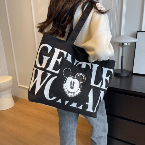 2024新款大容量米色托特包女老鼠卡通帆布包百搭单肩手提袋妈咪包