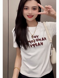 短款 2025夏季 新款 韓系簡約字母趣味印花修身 T恤6000 圓領女短袖